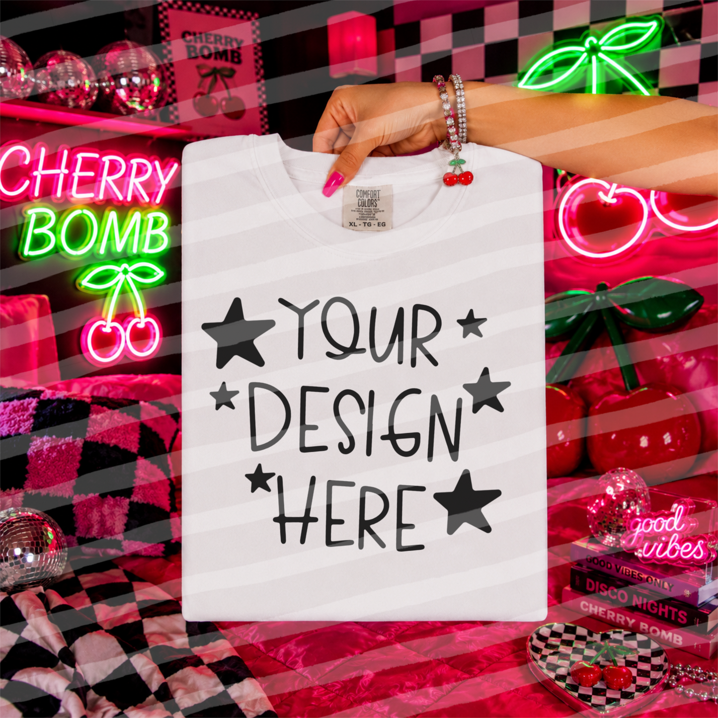 Cherry Cherry White CC Tee Hand Held Everyday Mock Up