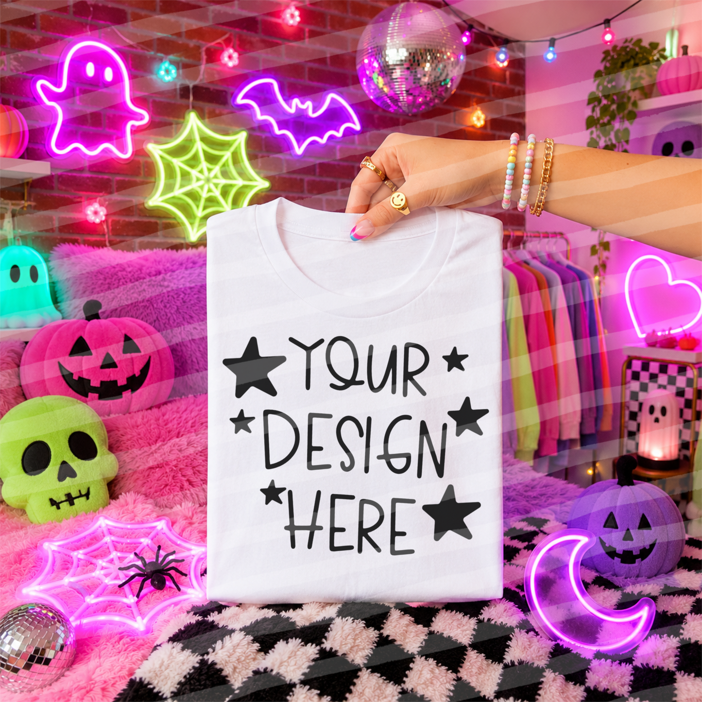 Ghoulish White Tee Hand Held Halloween Mock Up